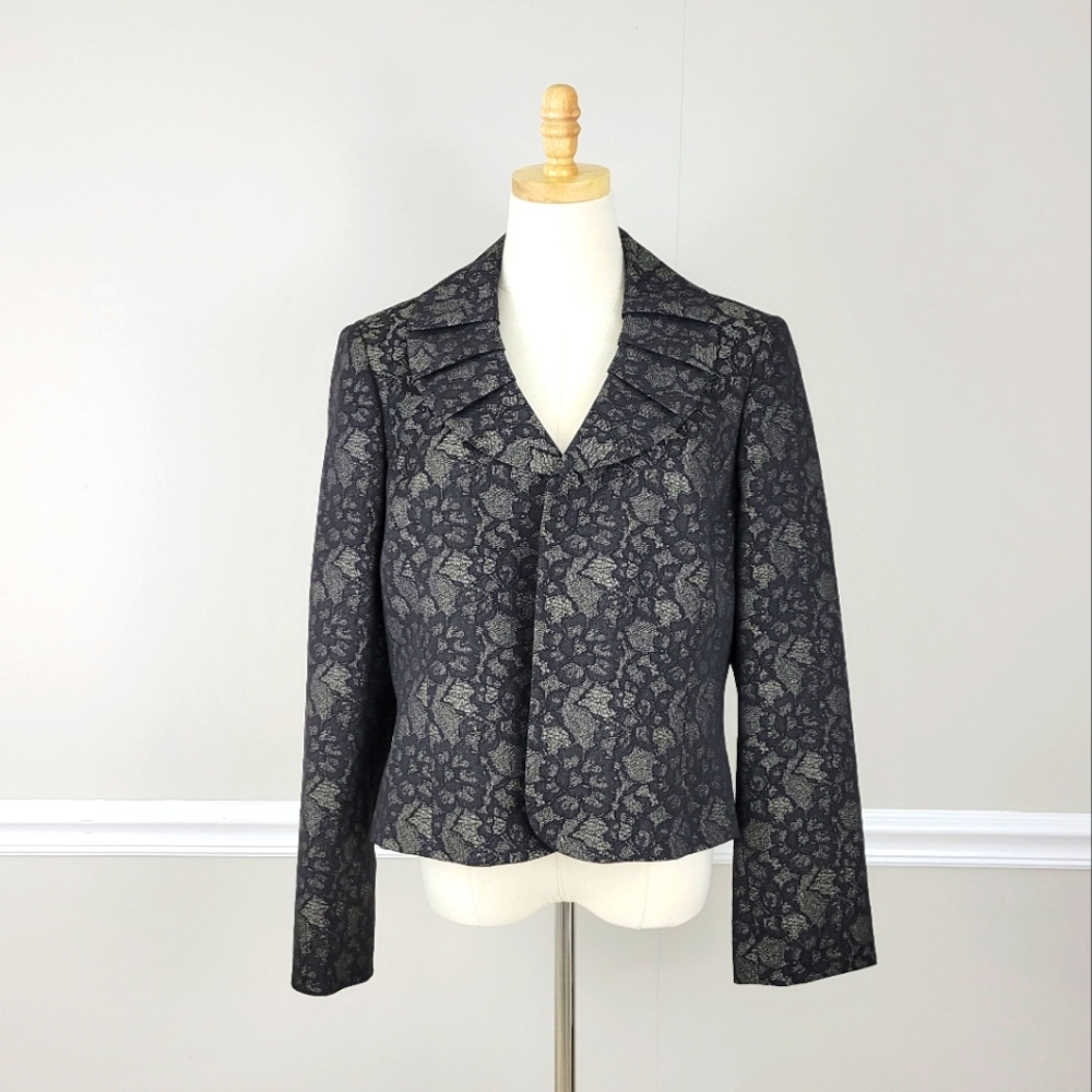 Le Suit Black Print Rounded Pleated Collar Shoulder Pads Blazer Size 16